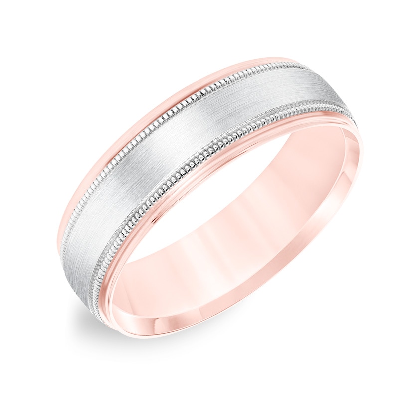 Main Image 2 of Previously Owned - 6.5mm Comfort-Fit Brushed center Milgrain-Edge Wedding Band in 14K Two-Tone Gold