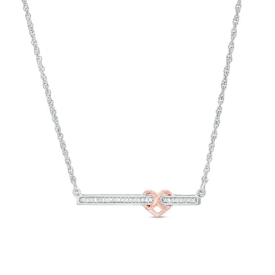 Previously Owned - 1/6 CT. T.w. Diamond Infinity Heart Bar Necklace in Sterling Silver and 10K Rose Gold - 16.75"