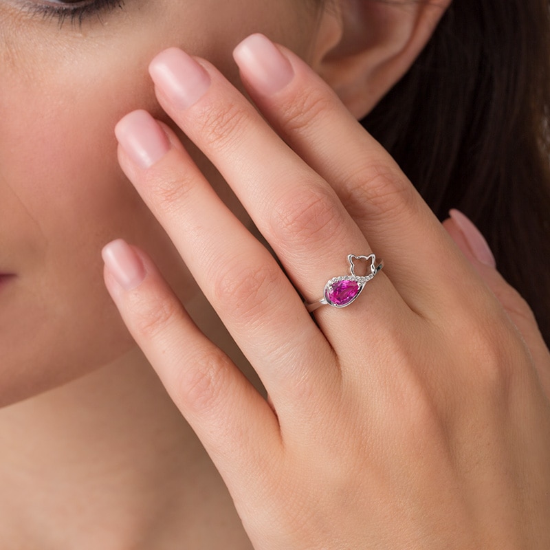 Main Image 3 of Previously Owned - Pear-Shaped Lab-Created Pink and White Sapphire Sleeping Cat Ring in Sterling Silver