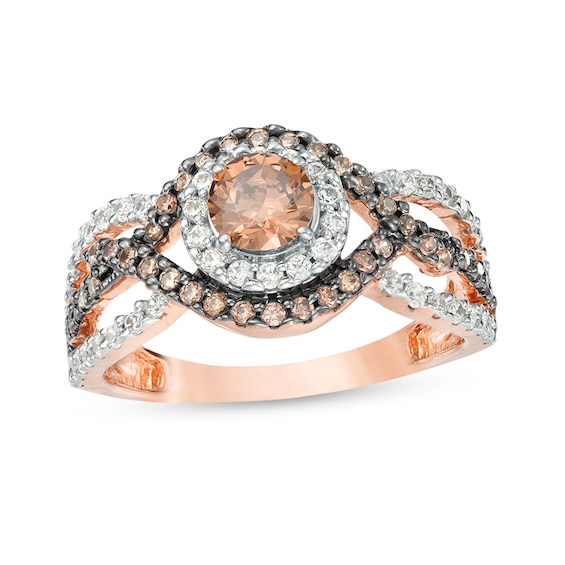 Previously Owned - 7/8 CT. T.w. Champagne and White Diamond Bypass Frame Engagement Ring in 10K Rose Gold
