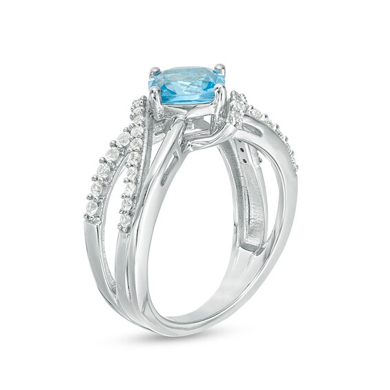 Previously Owned - Cushion-Cut Swiss Blue Topaz and White Lab-Created Sapphire Multi-Row Ring in Sterling Silver
