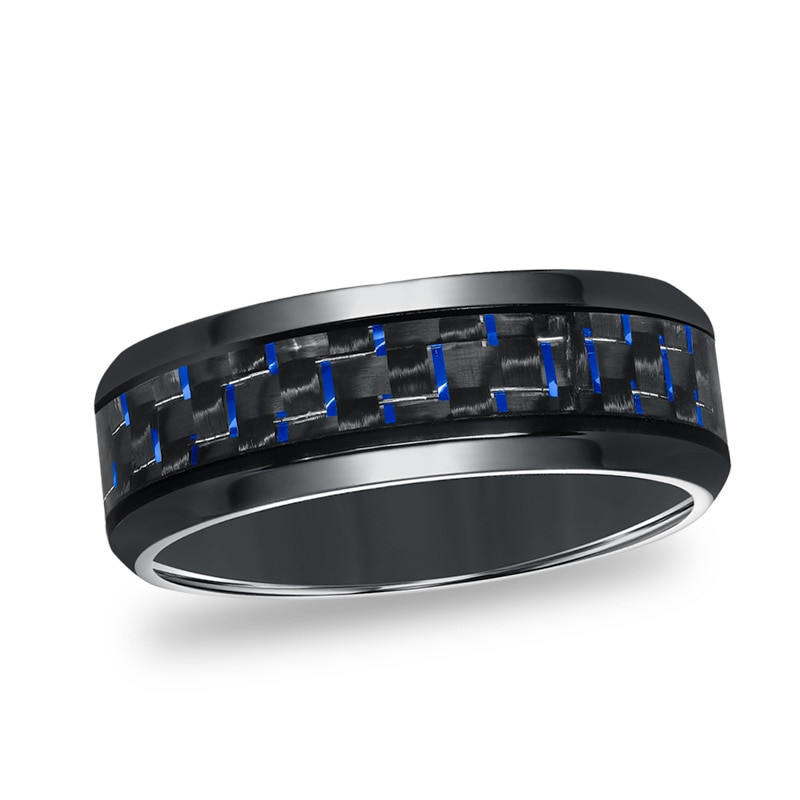 Main Image 1 of Previously Owned - Triton Men's 8.0mm Comfort-Fit Blue Carbon fiber Wedding Band in Black Titanium