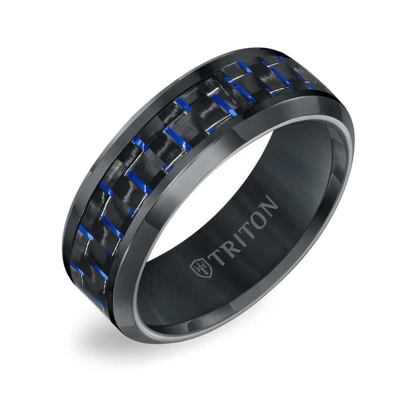 Main Image 2 of Previously Owned - Triton Men's 8.0mm Comfort-Fit Blue Carbon fiber Wedding Band in Black Titanium