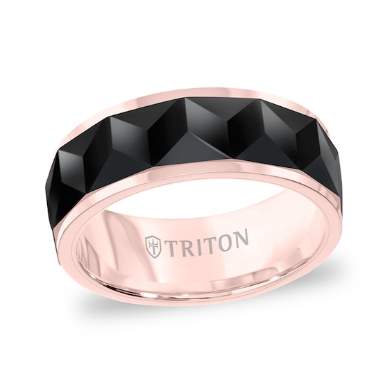 Previously Owned - Triton Men's 8.0mm Comfort-Fit Faceted center Wedding Band in Tungsten with Black and Rose-Tone IP