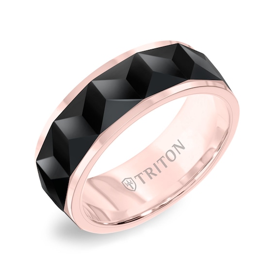 Previously Owned - Triton Men's 8.0mm Comfort-Fit Faceted center Wedding Band in Tungsten with Black and Rose-Tone IP