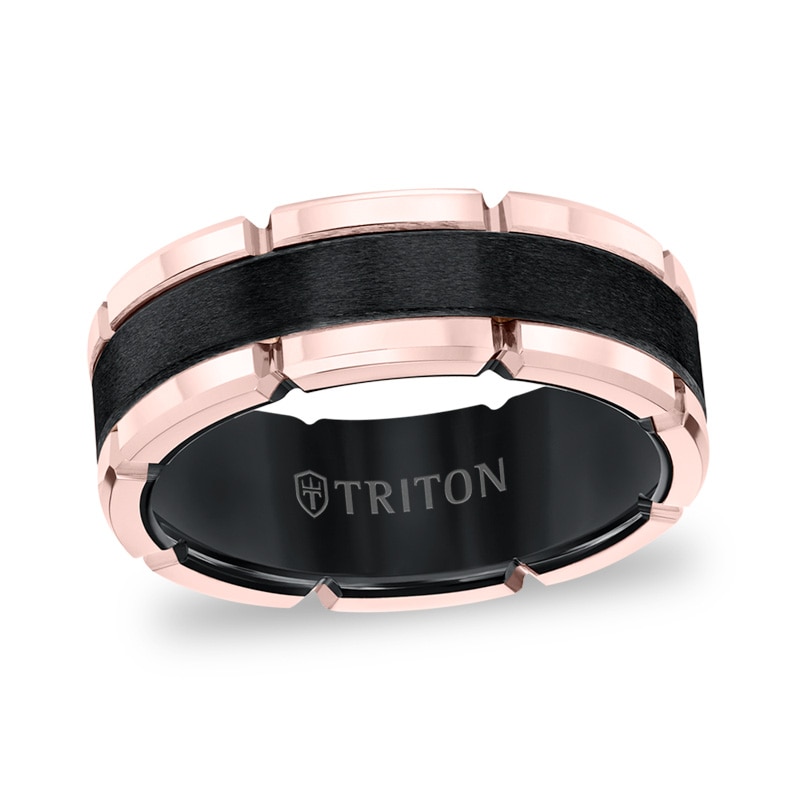 Main Image 1 of Previously Owned - Triton 8.0mm Comfort-Fit Brushed Brick Pattern Band in Rose-Toned Tungsten with Black PVD