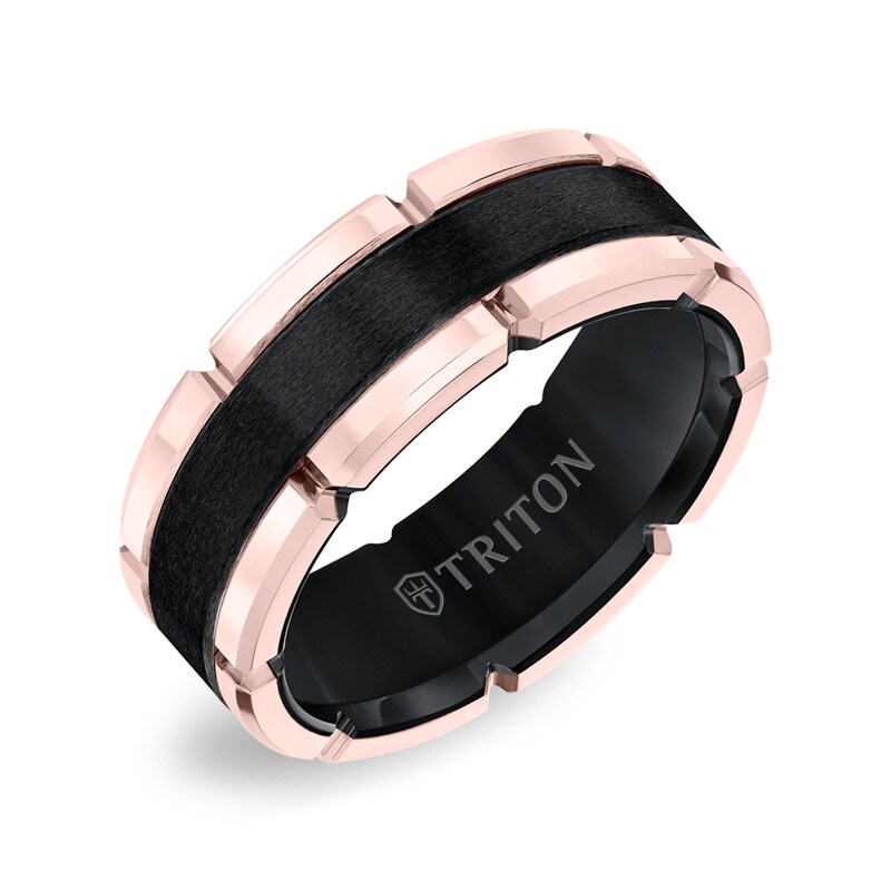 Main Image 2 of Previously Owned - Triton 8.0mm Comfort-Fit Brushed Brick Pattern Band in Rose-Toned Tungsten with Black PVD