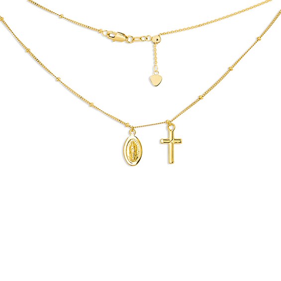 Previously Owned - Virgin Mary and Cross Dangle Charm Bead Choker Necklace in 14K Gold - 16"