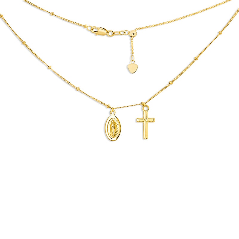 Main Image 1 of Previously Owned - Virgin Mary and Cross Dangle Charm Bead Choker Necklace in 14K Gold - 16"