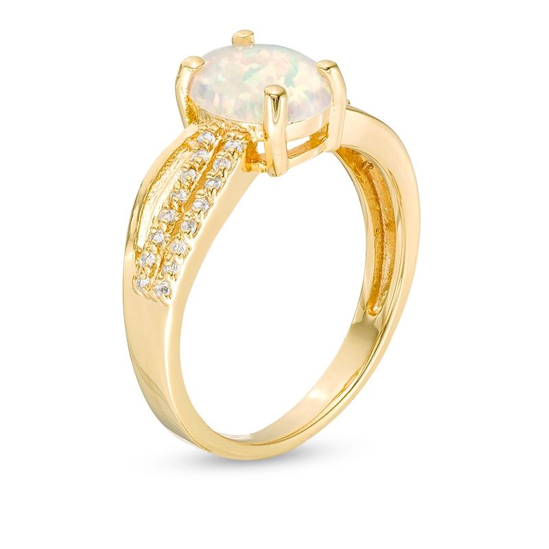 Main Image 3 of Previously Owned - Oval Lab-Created Opal and White Topaz Crossover Ring in Sterling Silver with 18K Gold Plate