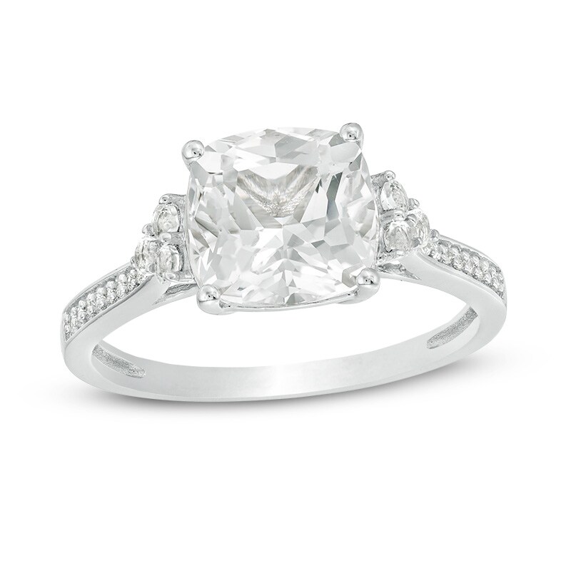 Main Image 1 of Previously Owned - White Lab-Created Sapphire and 1/20 CT. T.W. Diamond Tri-Sides Engagement Ring in 10K White Gold