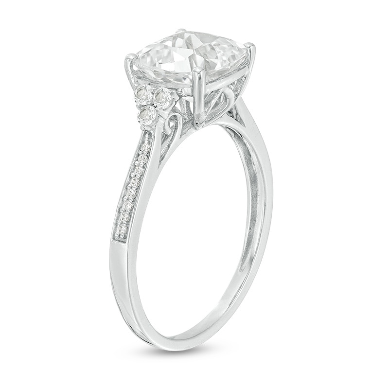 Main Image 3 of Previously Owned - White Lab-Created Sapphire and 1/20 CT. T.W. Diamond Tri-Sides Engagement Ring in 10K White Gold