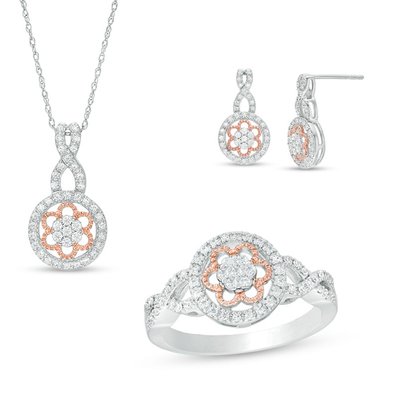 Previously Owned - 3/4 CT. T.w. Multi-Diamond Flower Three Piece Set in Sterling Silver with 10K Rose Gold Plate