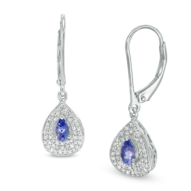 Main Image 1 of Previously Owned - Pear-Shaped Tanzanite and 1/4 CT. T.W. Diamond Double Frame Concave Drop Earrings in Sterling Silver