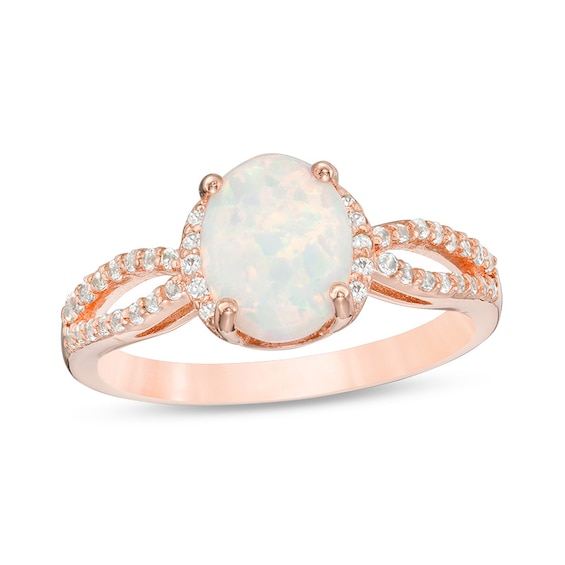 Previously Owned - Oval Lab-Created Opal and White Topaz Split Shank Ring in Sterling Silver with 18K Rose Gold Plate
