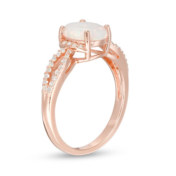 Previously Owned - Oval Lab-Created Opal and White Topaz Split Shank Ring in Sterling Silver with 18K Rose Gold Plate