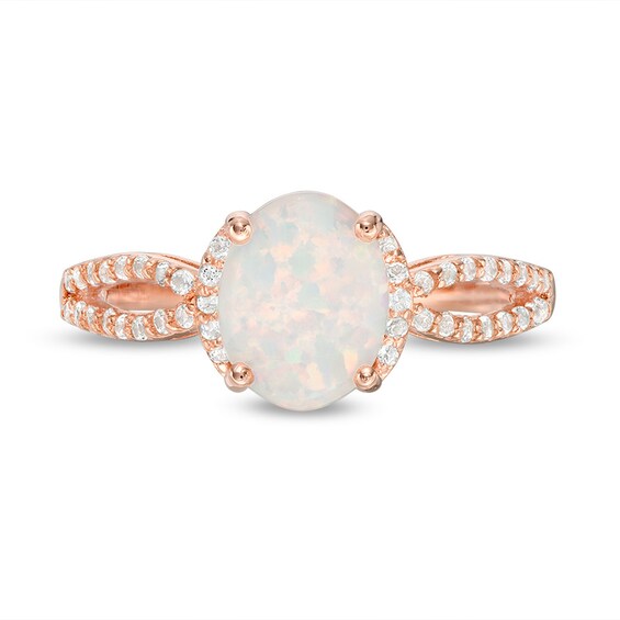 Previously Owned - Oval Lab-Created Opal and White Topaz Split Shank Ring in Sterling Silver with 18K Rose Gold Plate