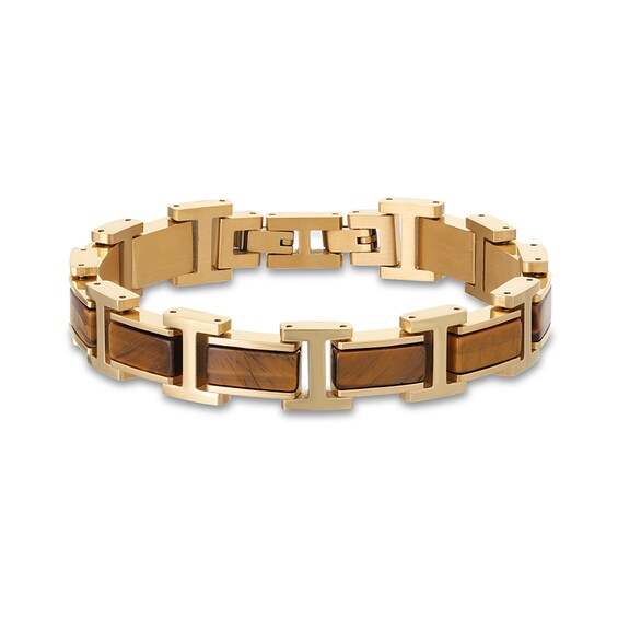 Previously Owned - Tiger's Eye Link Bracelet in Stainless Steel with Yellow IP - 8.5"