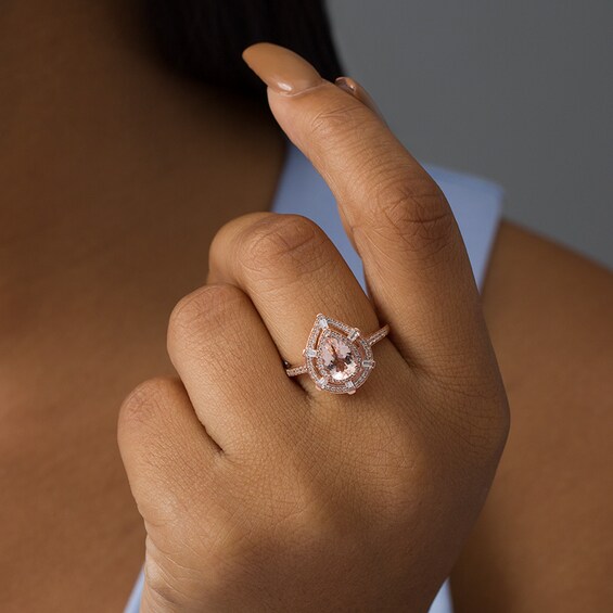 Previously Owned - Pear-Shaped Morganite and 1/3 CT. T.w. Diamond Double Frame Shield Ring in 10K Rose Gold