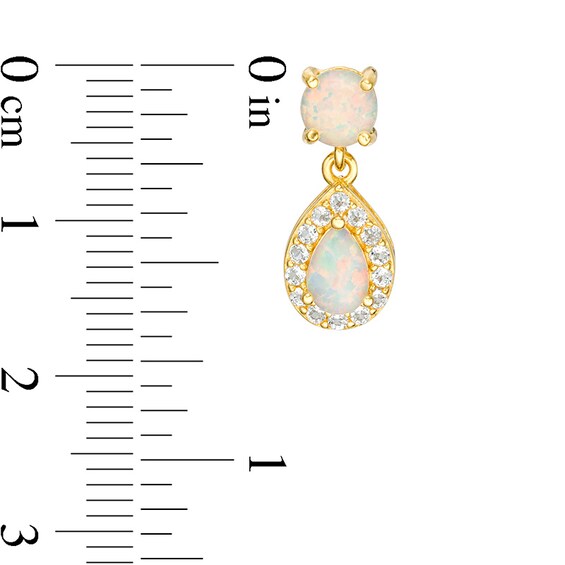 Previously Owned - Lab-Created Opal and White Topaz Frame Drop Earrings in Sterling Silver with 18K Gold Plate