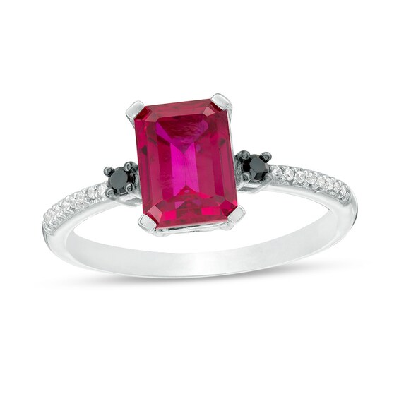 Previously Owned - Emerald-Cut Lab-Created Ruby and 1/10 CT. T.w. Black and White Diamond Ring in 10K White Gold