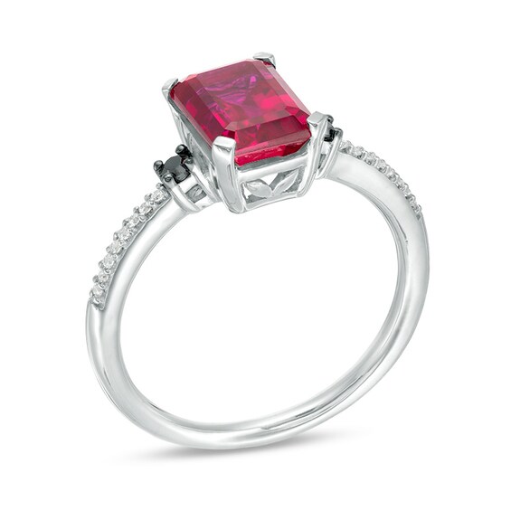 Previously Owned - Emerald-Cut Lab-Created Ruby and 1/10 CT. T.w. Black and White Diamond Ring in 10K White Gold