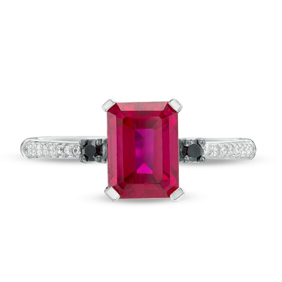 Previously Owned - Emerald-Cut Lab-Created Ruby and 1/10 CT. T.w. Black and White Diamond Ring in 10K White Gold