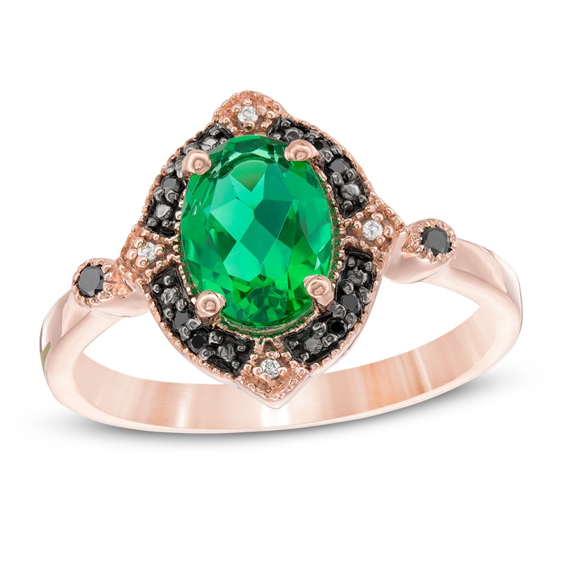 Main Image 1 of Previously Owned - Lab-Created Emerald and 1/15 CT. T.W. Black and White Diamond Vintage-Style Ring in 10K Rose Gold