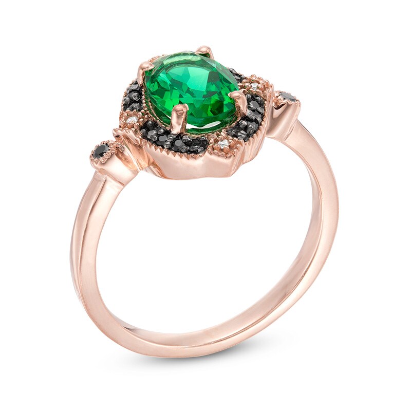 Main Image 2 of Previously Owned - Lab-Created Emerald and 1/15 CT. T.W. Black and White Diamond Vintage-Style Ring in 10K Rose Gold