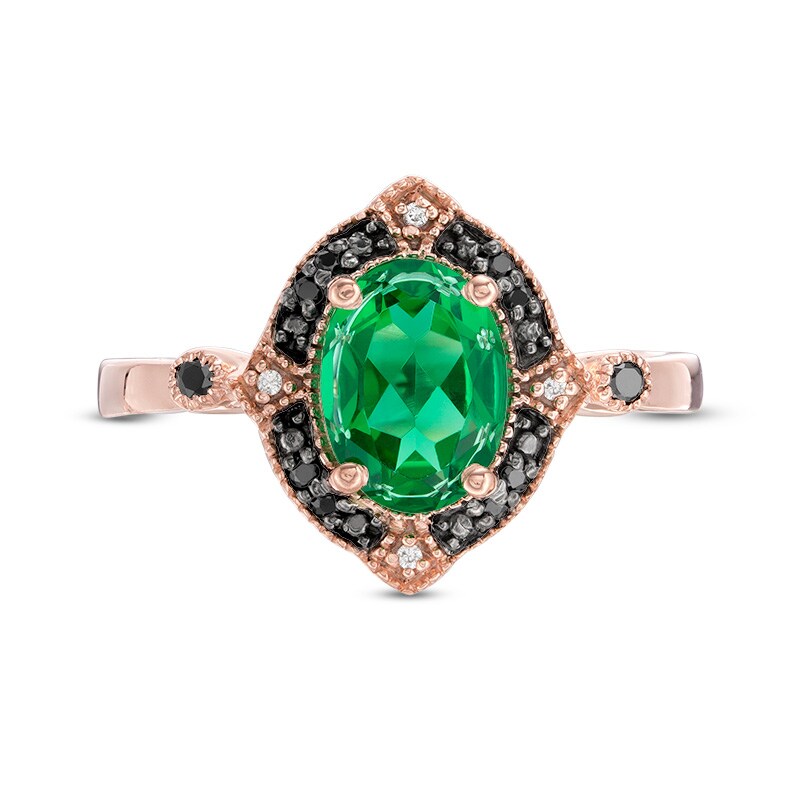 Main Image 3 of Previously Owned - Lab-Created Emerald and 1/15 CT. T.W. Black and White Diamond Vintage-Style Ring in 10K Rose Gold
