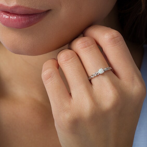Previously Owned - 4.0mm Lab-Created Opal Solitaire Braided Shank Promise Ring in Sterling Silver