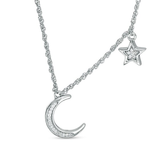 Previously Owned - 1/15 CT. T.w. Diamond Crescent Moon and Star Necklace in Sterling Silver