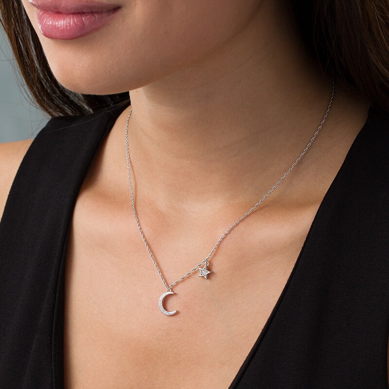 Main Image 2 of Previously Owned - 1/15 CT. T.W. Diamond Crescent Moon and Star Necklace in Sterling Silver