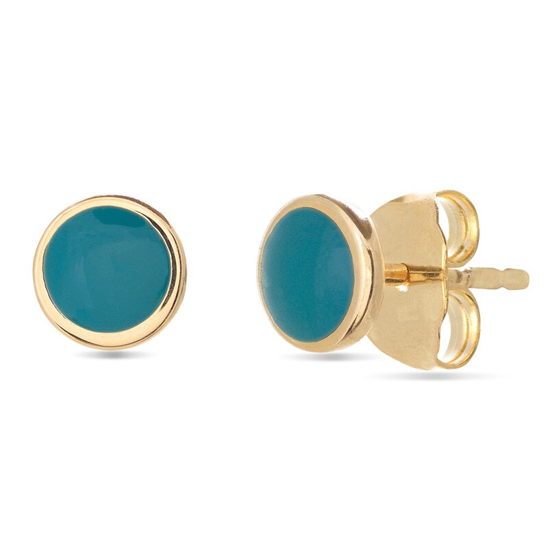 Main Image 1 of Previously Owned - Turquoise Enamel Round Stud Earrings in 14K Gold