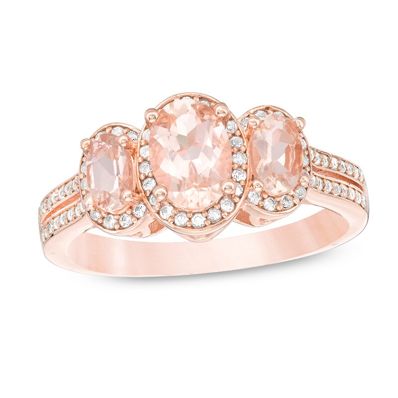 Main Image 1 of Previously Owned - Oval Morganite and 1/4 CT. T.W. Diamond Three Stone Frame Ring in 10K Rose Gold