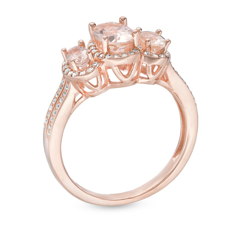 Main Image 3 of Previously Owned - Oval Morganite and 1/4 CT. T.W. Diamond Three Stone Frame Ring in 10K Rose Gold