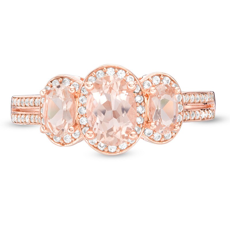 Main Image 4 of Previously Owned - Oval Morganite and 1/4 CT. T.W. Diamond Three Stone Frame Ring in 10K Rose Gold