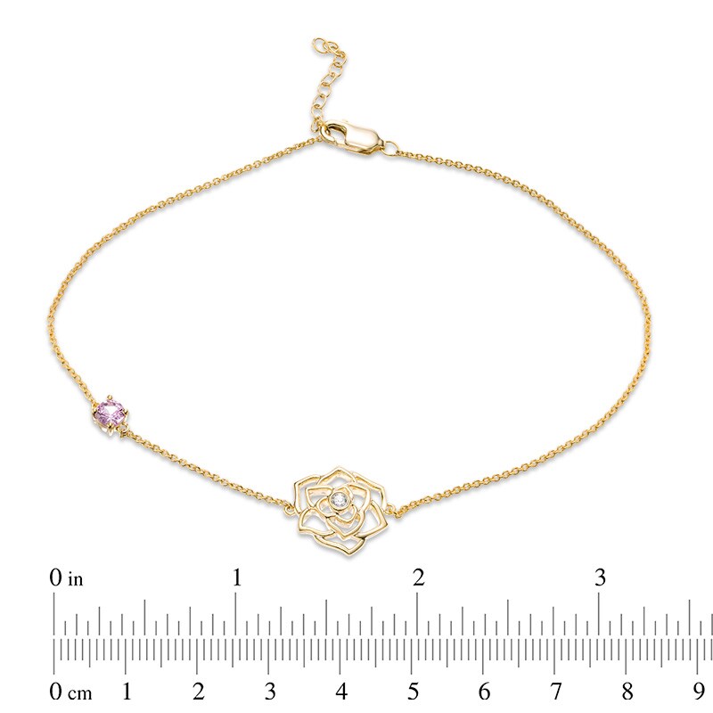 Main Image 2 of Previously Owned - 4.0mm Lab-Created Pink and White Sapphire Rose Anklet in 10K Gold - 10"