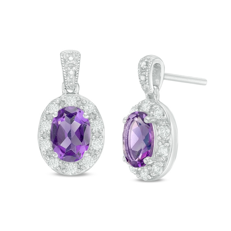 Main Image 1 of Previously Owned - Oval Amethyst and Lab-Created White Sapphire Frame Vintage-Style Drop Earrings in Sterling Silver