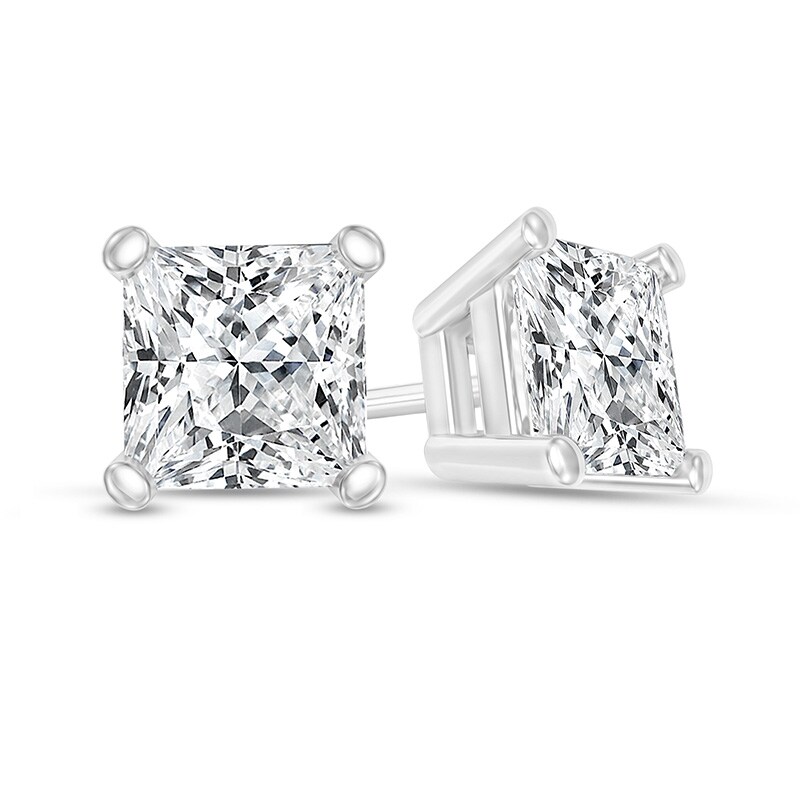 Main Image 1 of Previously Owned - 1/3 CT. T.W. Princess-Cut Diamond Solitaire Stud Earrings in 14K White Gold (I/SI2)
