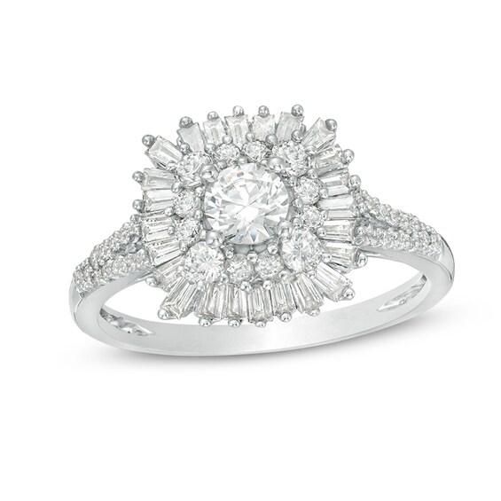 Previously Owned - 1 CT. T.w. Diamond Double Cushion Sunburst Frame Engagement Ring in 14K White Gold