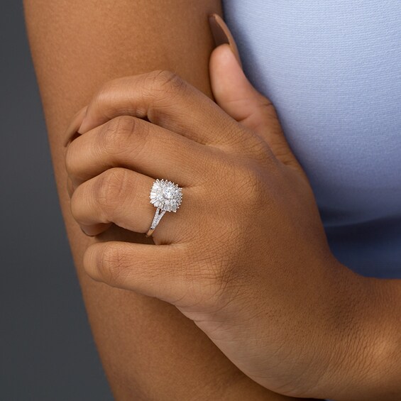 Previously Owned - 1 CT. T.w. Diamond Double Cushion Sunburst Frame Engagement Ring in 14K White Gold