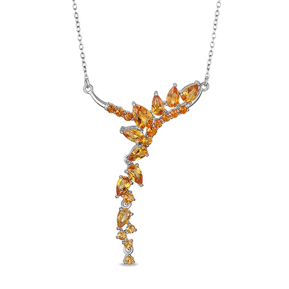 Previously Owned - Pear-Shaped and Round Madeira Citrine and Citrine Curved Cluster "Y" Necklace in Sterling Silver