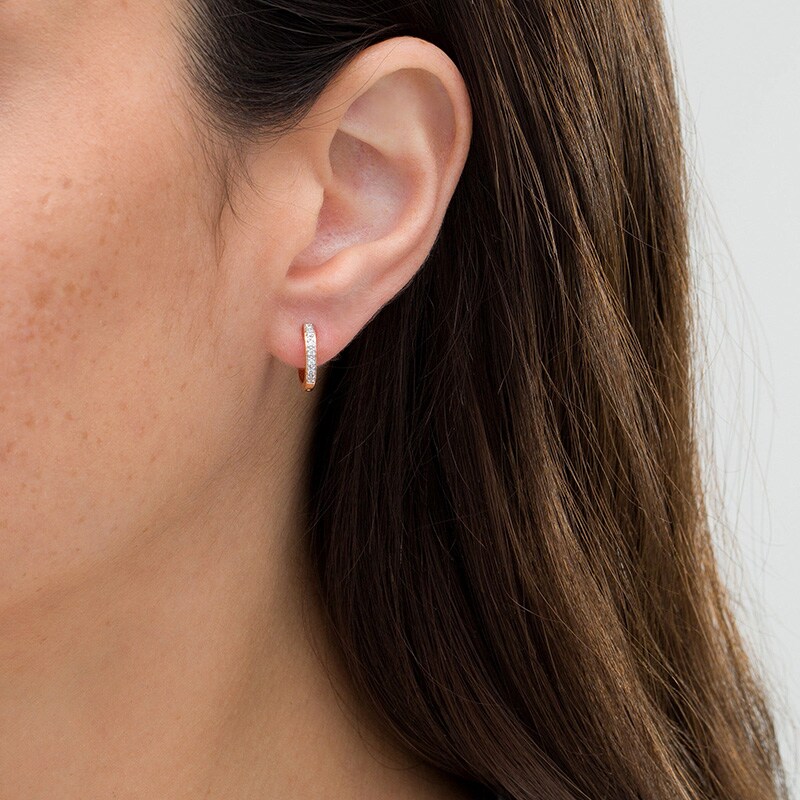 Main Image 2 of Previously Owned - 1/15 CT. T.W. Diamond Huggie Hoop Earrings in 14K Rose Gold