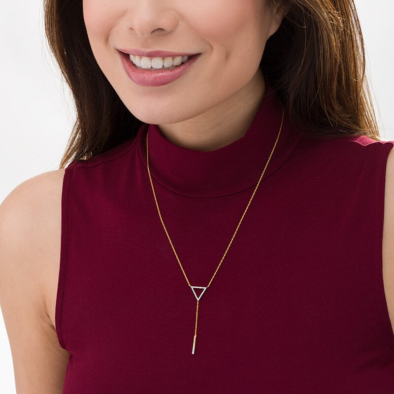 Main Image 2 of Previously Owned - 1/5 CT. T.W. Diamond Triangle Outline "Y" Necklace in 10K Gold - 19"