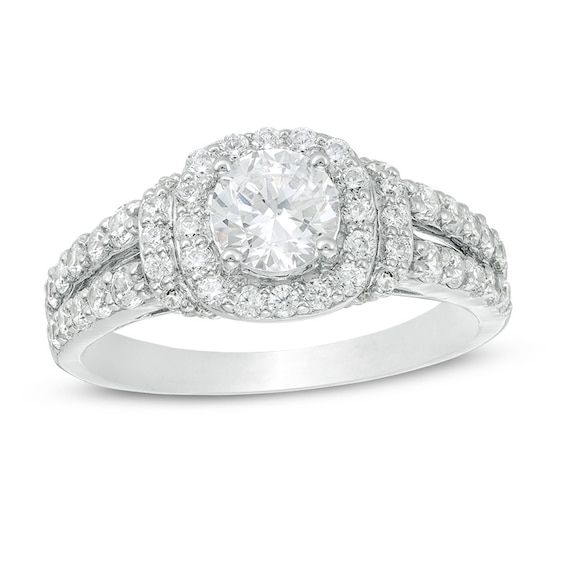 Previously Owned - 1-1/2 CT. T.w. Diamond Cushion Frame Collar Engagement Ring in 14K White Gold