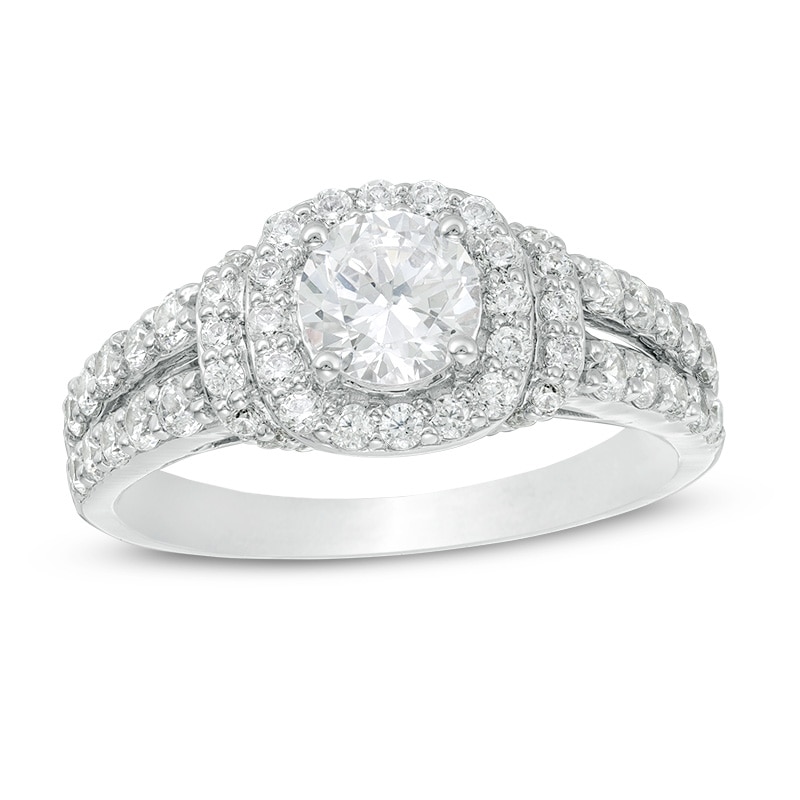 Main Image 1 of Previously Owned - 1-1/2 CT. T.W. Diamond Cushion Frame Collar Engagement Ring in 14K White Gold