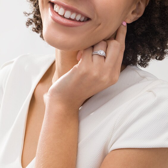 Previously Owned - 1-1/2 CT. T.w. Diamond Cushion Frame Collar Engagement Ring in 14K White Gold