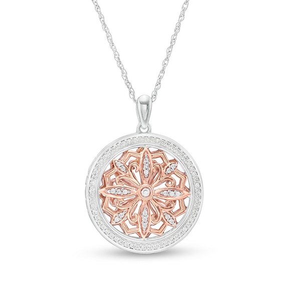 Previously Owned - 1/4 CT. T.w. Diamond Ornate Flower Locket in Sterling Silver and 10K Rose Gold