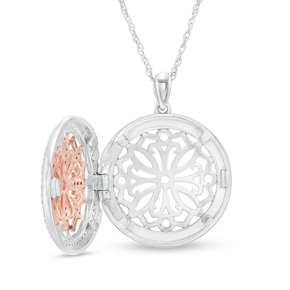 Previously Owned - 1/4 CT. T.w. Diamond Ornate Flower Locket in Sterling Silver and 10K Rose Gold